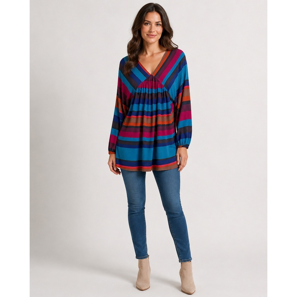 Plenty by Tracy Reese Blouse Womens M Multicolor Stripe Deep V Neck Tie‎ Back